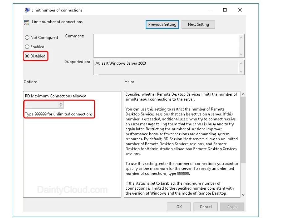 set the RD Maximum Connections allowed to the Windows VPS