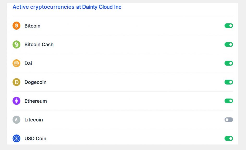 Active Cryptocurrencies at Dainty Cloud Inc.