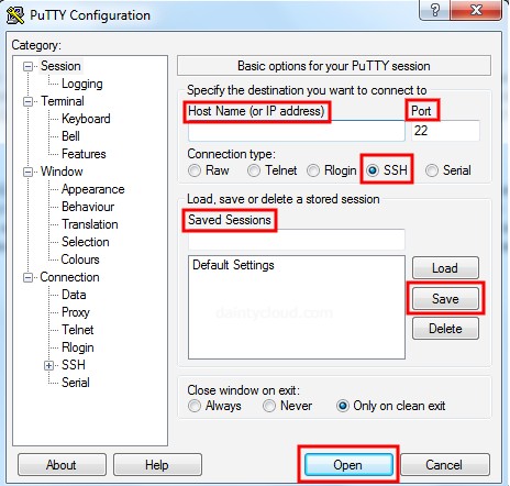 PuTTY's interface for VPS login